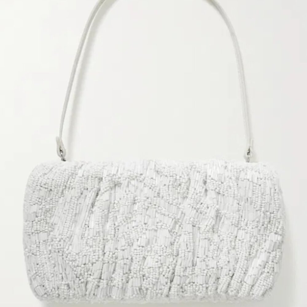 STAUD White Bean Bead-Embellished Shoulder Bag
